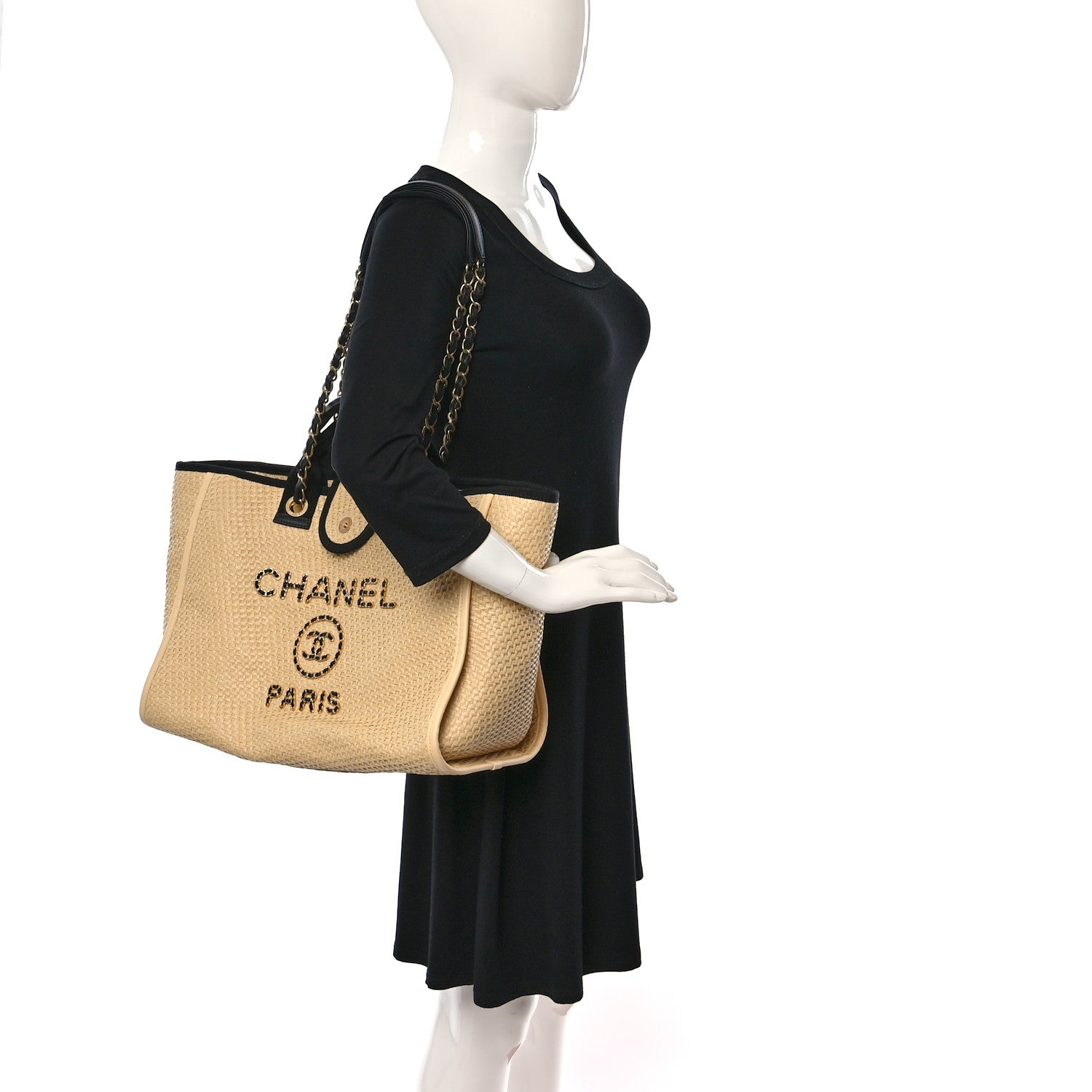 Chanel Straw Raffia Calfskin Chain Medium Deauville Tote Beige Black 2 of 9