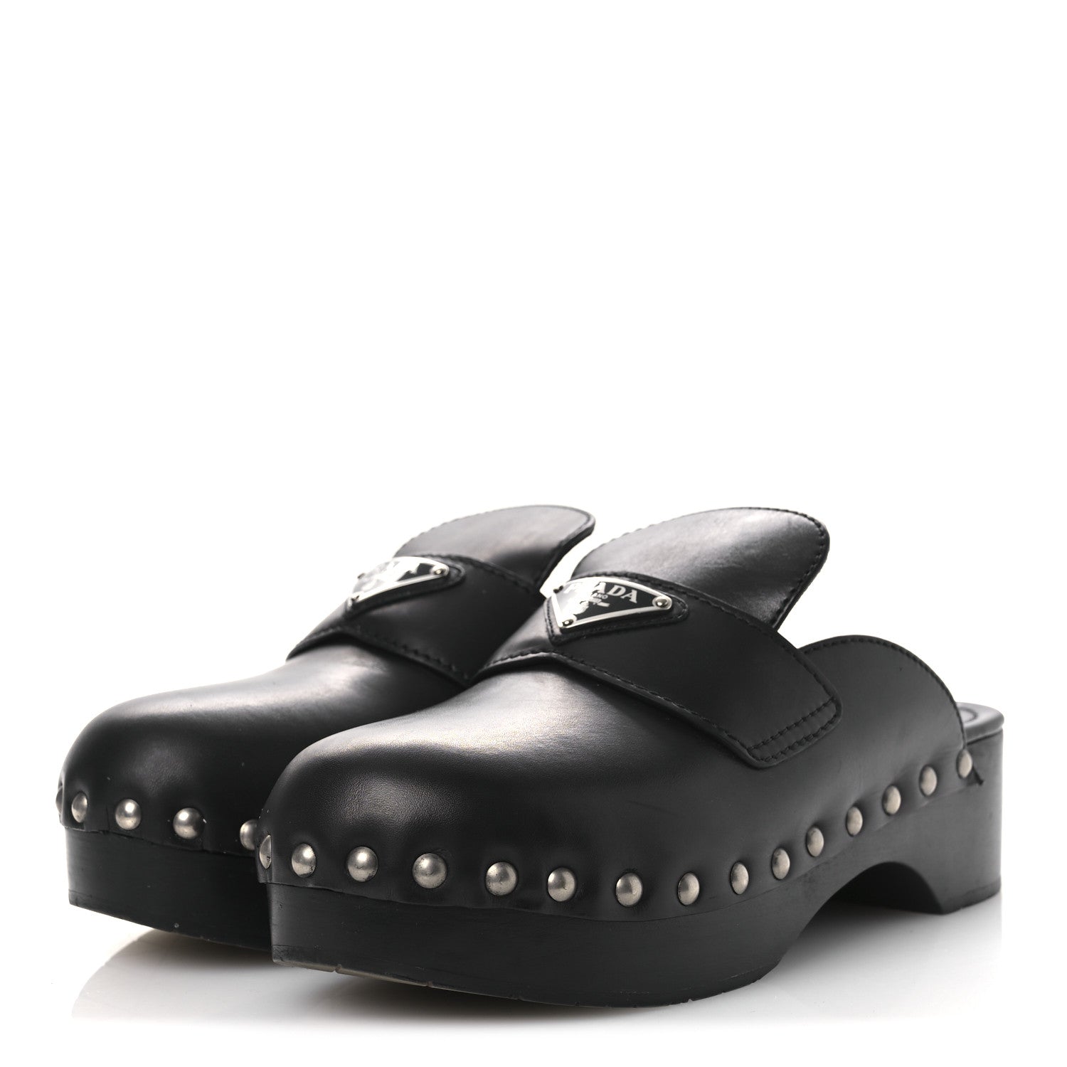 Prada Natural Calfskin Metal Triangle Logo 45mm Clogs 38 Black 4 of 12