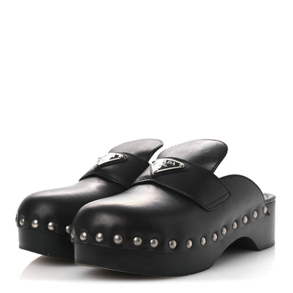 Prada Natural Calfskin Metal Triangle Logo 45mm Clogs 38 Black 4 of 12