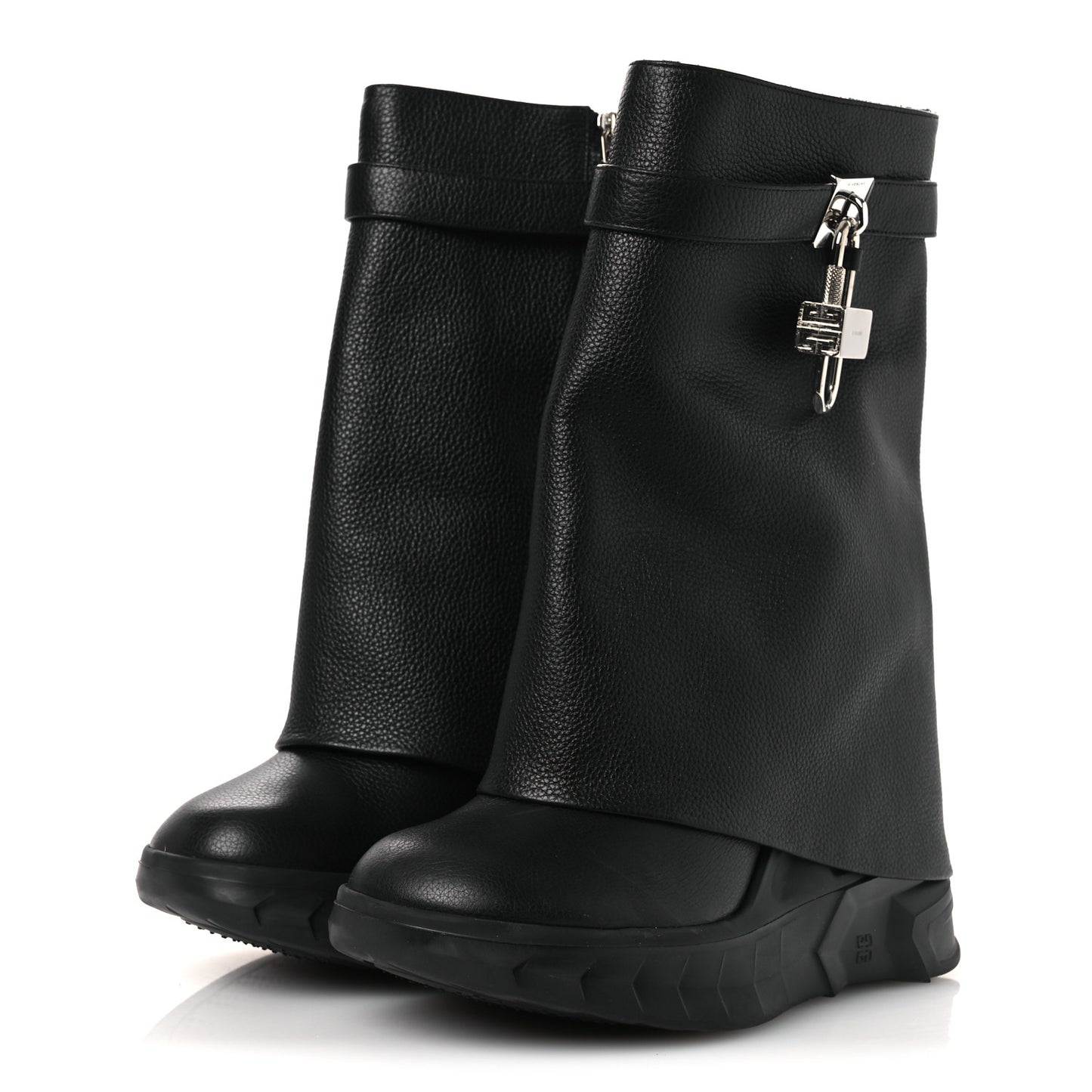 Grained Calfskin Shark Lock Biker Ankle Boots 40 Black