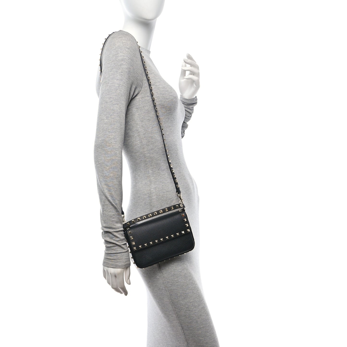 Grainy Calfskin Rockstud Crossbody Pouch Black