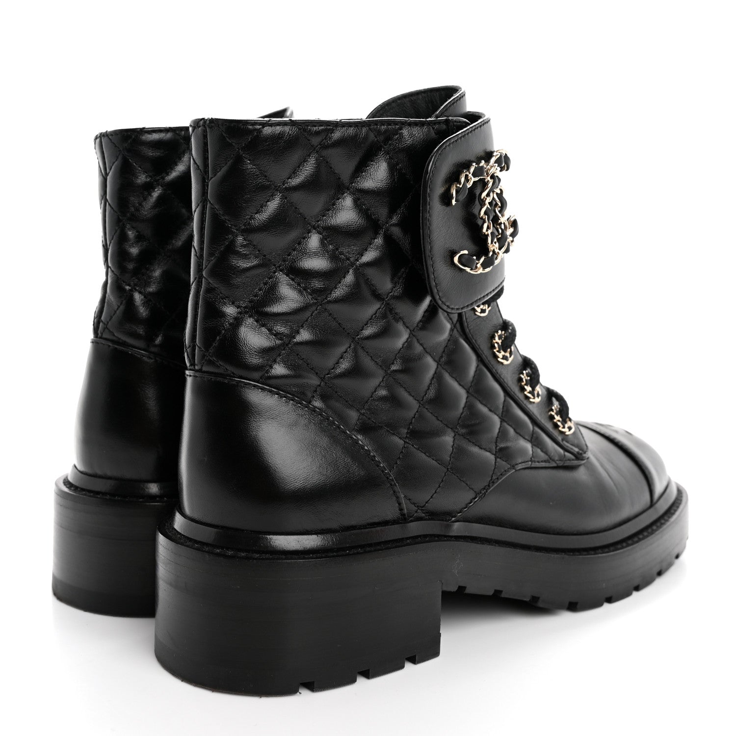 Chanel Shiny Calfskin Quilted Lace Up Combat Boots 37.5 Black 5 of 12