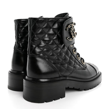 Chanel Shiny Calfskin Quilted Lace Up Combat Boots 37.5 Black 5 of 12