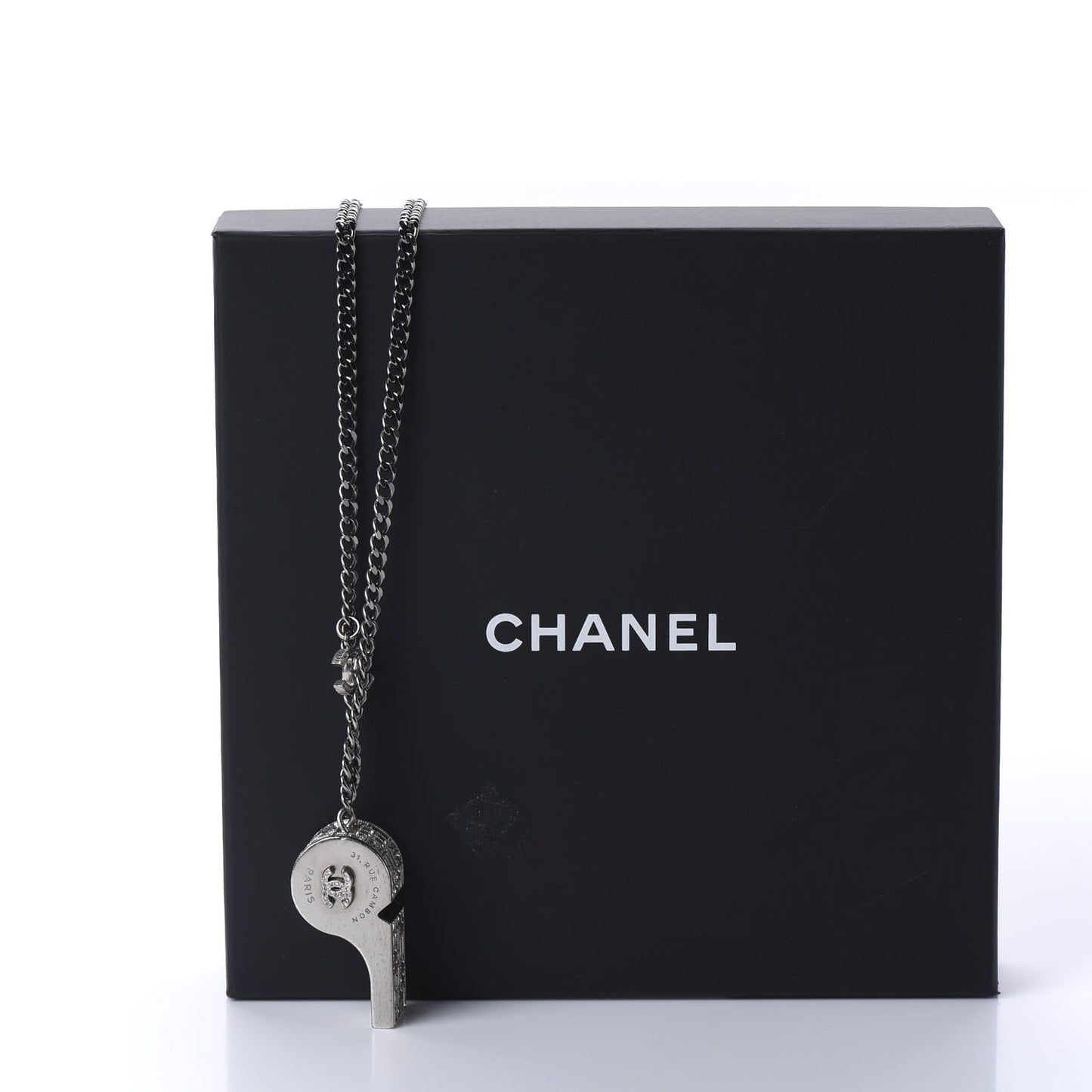 Crystal Baguette CC Whistle Pendant Necklace Silver