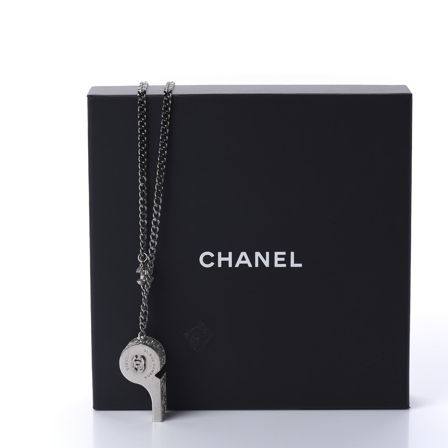 Chanel Crystal Baguette CC Whistle Pendant Necklace Silver 7 of 7