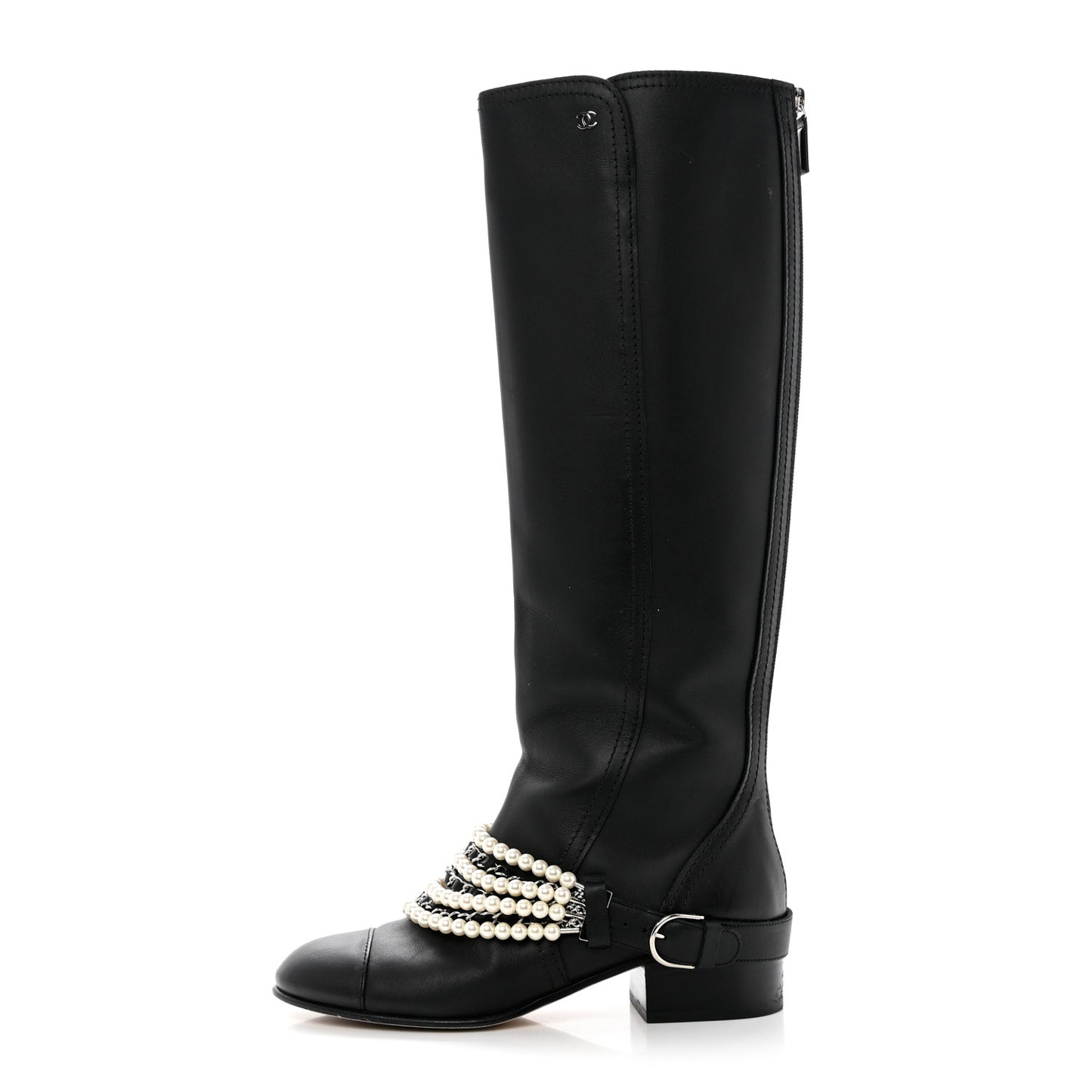Calfskin Pearl Cap Toe High Boots 38 Black