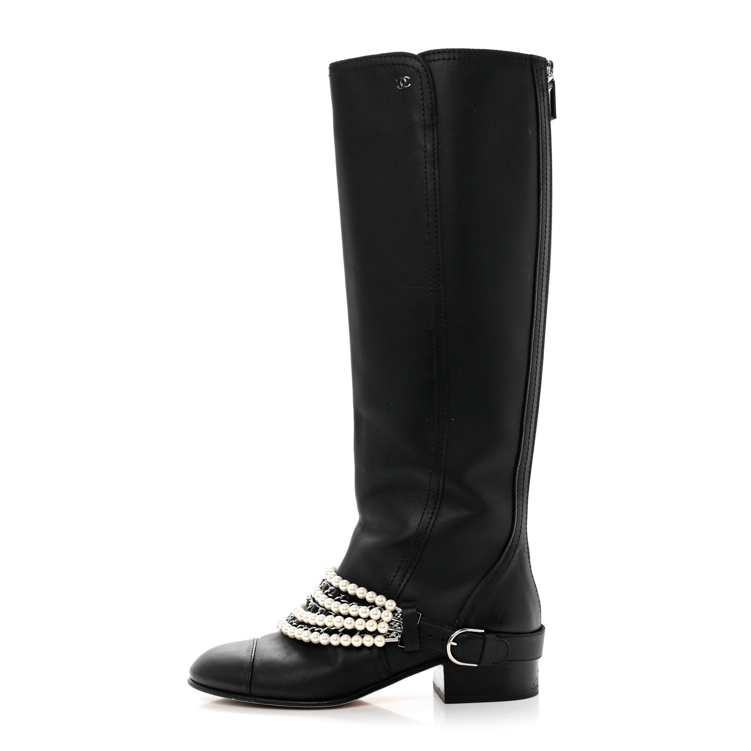Chanel Calfskin Pearl Cap Toe High Boots 38 Black 1 of 11