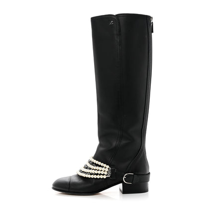 Chanel Calfskin Pearl Cap Toe High Boots 38 Black 1 of 11