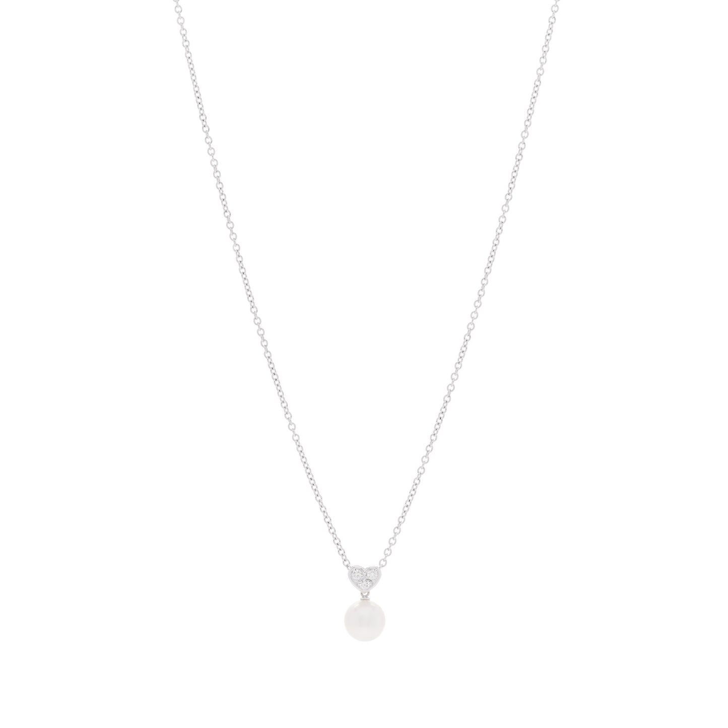18K White Gold Diamond Akoya Cultured Pearl 8mm Heart Drop Pendant Necklace
