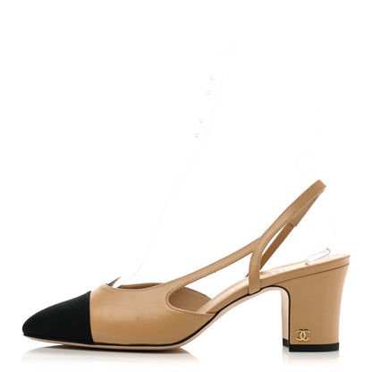 Chanel Goatskin Grosgrain Cap Toe CC Slingback Pumps 38 Beige Black 1 of 8