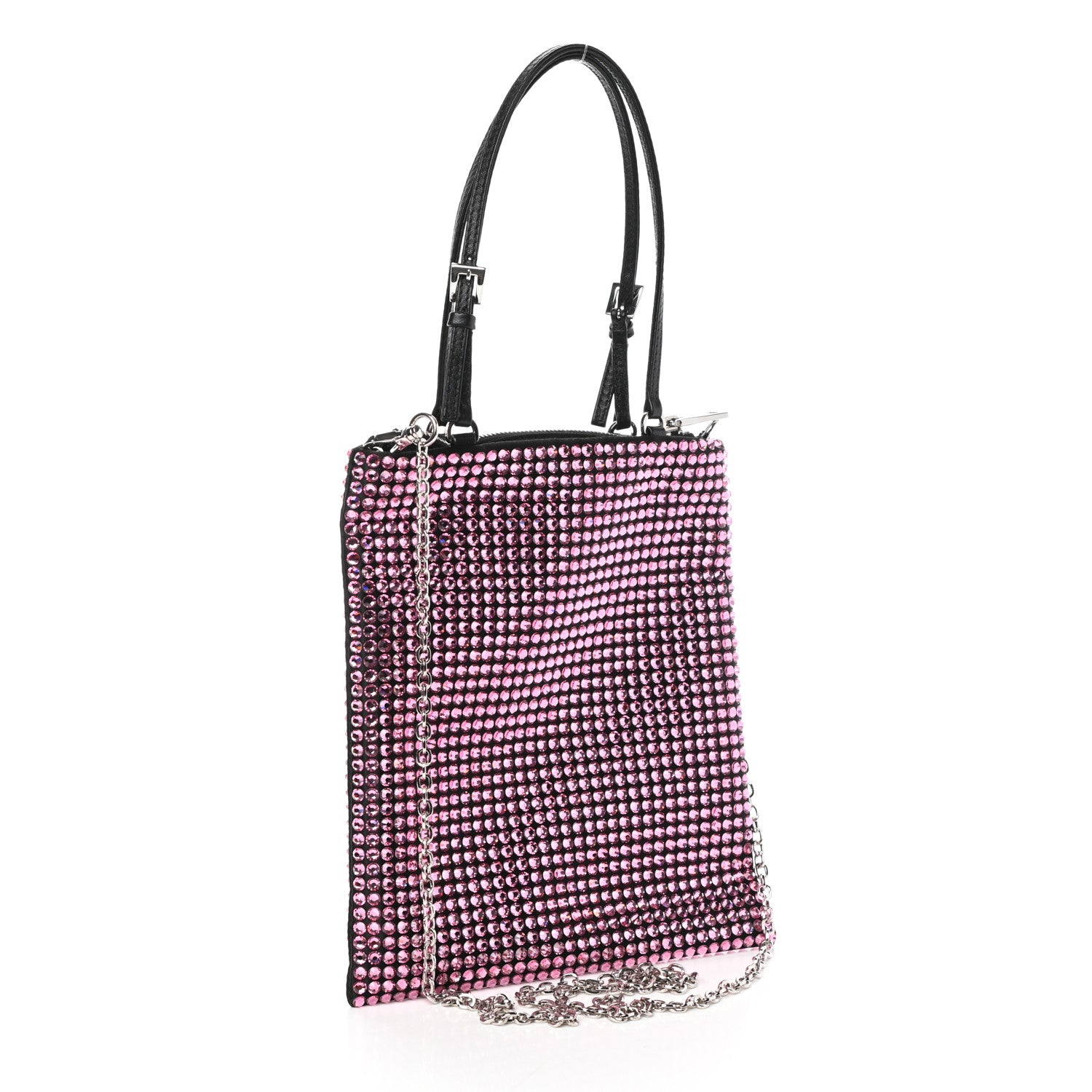 Prada Satin Crystal Metal Triangle Logo Chain Crossbody Handbag Rosa 3 of 9