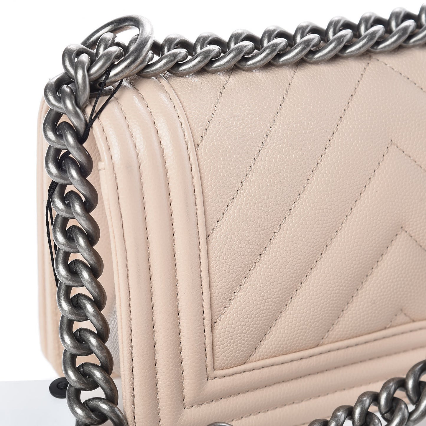 Caviar Chevron Quilted Small Boy Flap Light Beige