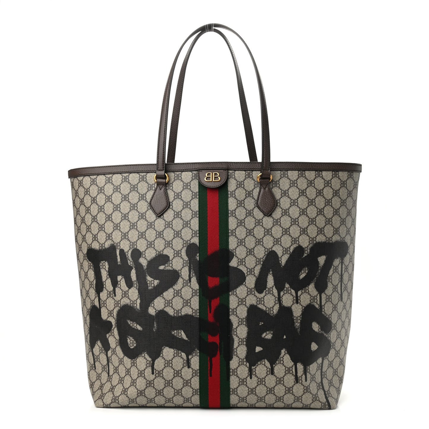 X BALENCIAGA BB Supreme Monogram Web Graffiti Large Ophidia Shopping Tote Beige New Acero