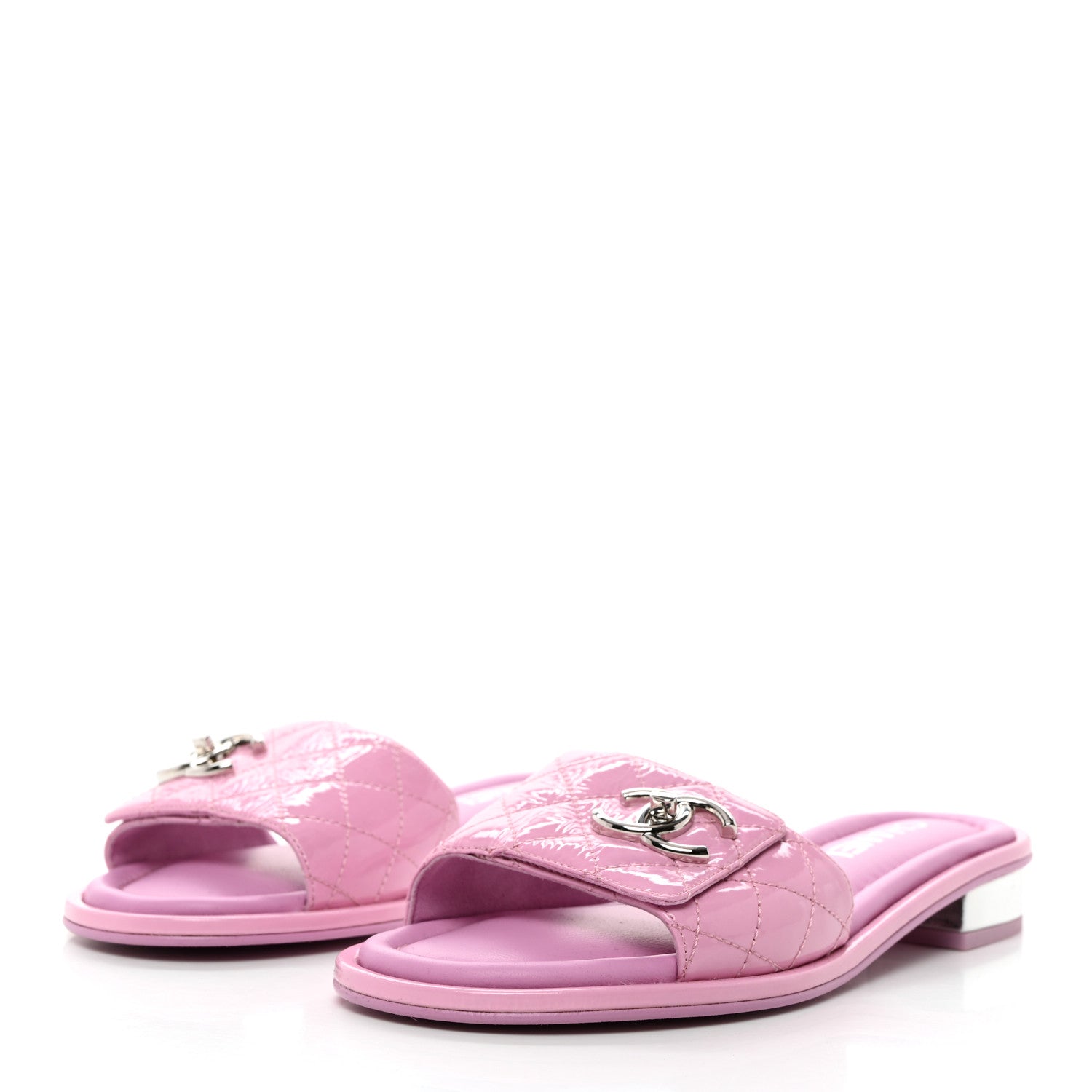 Chanel Patent Goatskin Quilted CC Mules Sandals 36.5 Pink 3 of 9