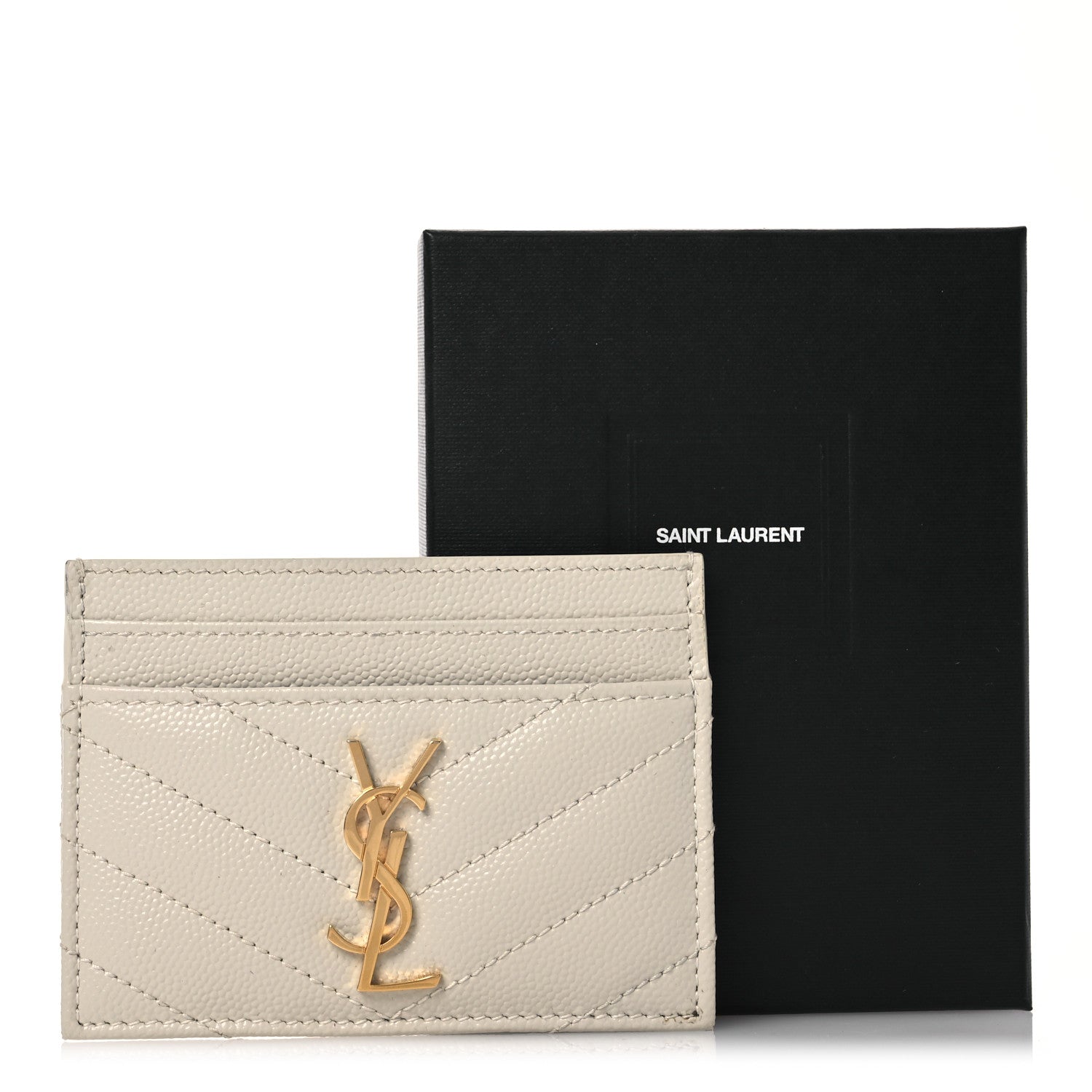 Saint Laurent Grain De Poudre Matelasse Chevron Monogram Credit Card Case Crema Soft 16 of 16