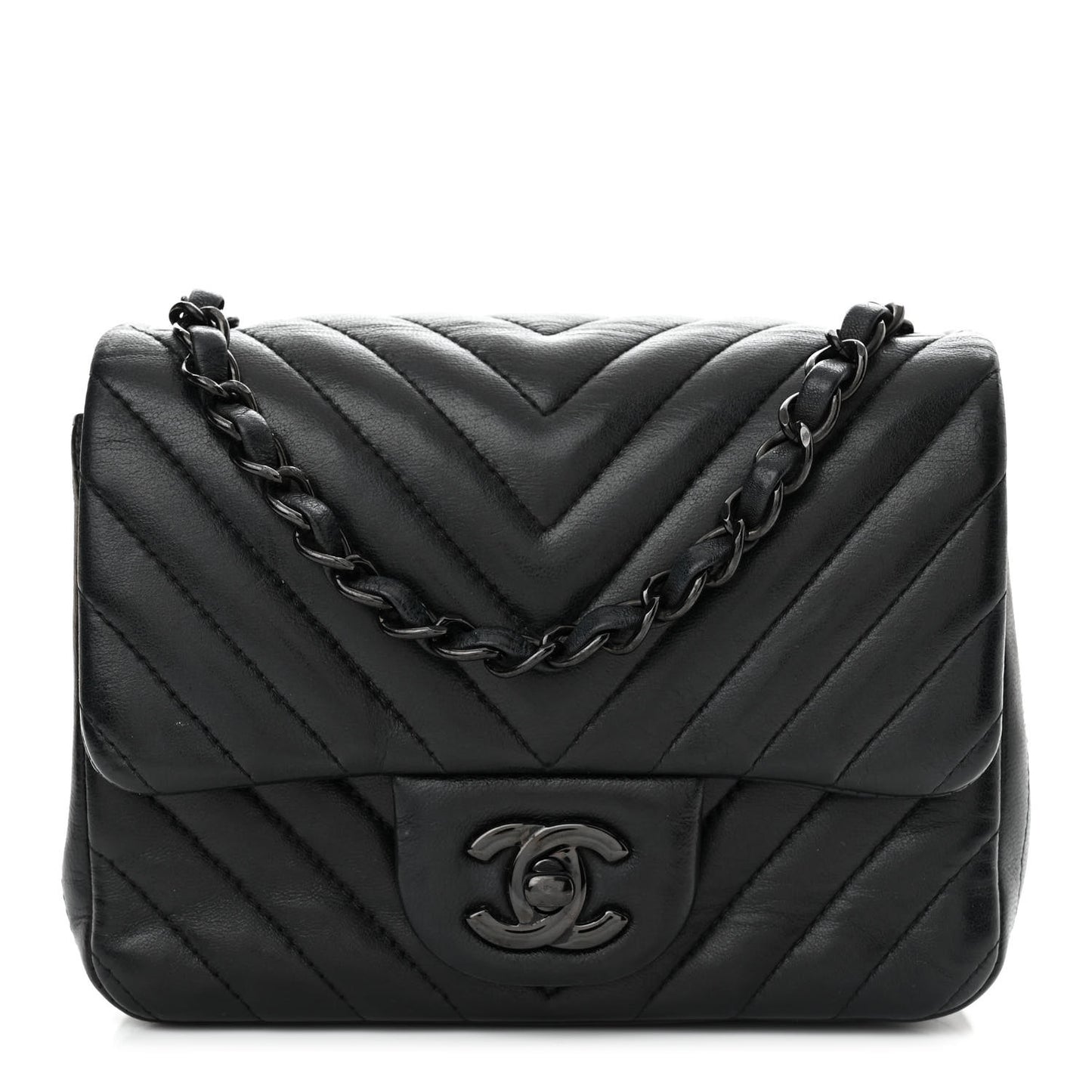 Lambskin Chevron Quilted Mini Square Flap So Black