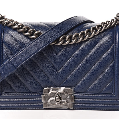 Chanel Caviar Chevron Quilted Medium Boy Flap Navy 10 of 11