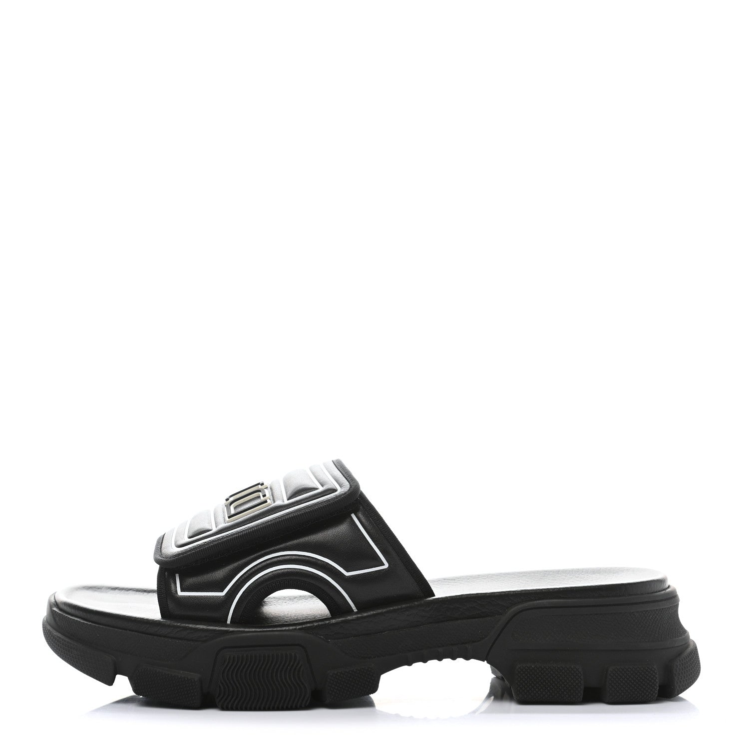 Gucci Nappa Grosgrain Logo Mens Velcro Chunky Slide Sandals 8 Black 1 of 7