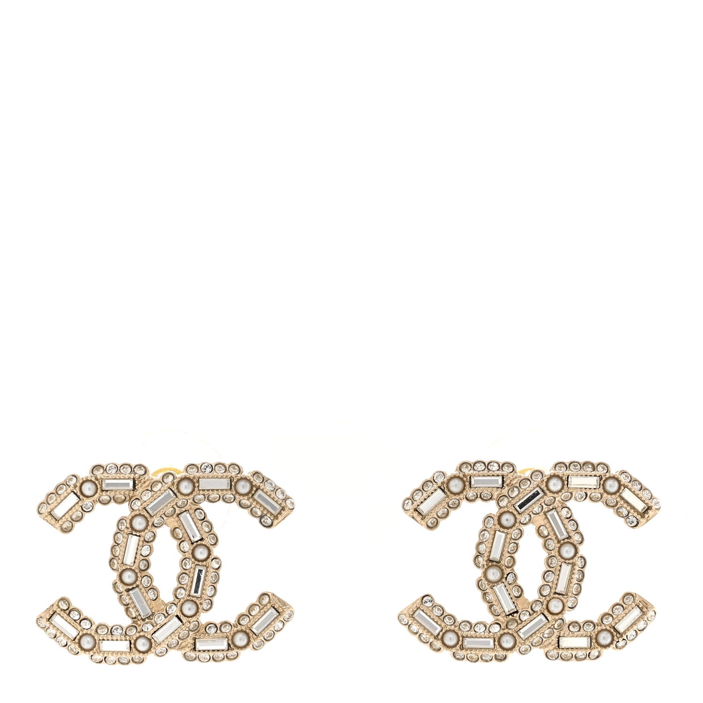 Crystal Baguette Pearl CC Earrings Gold Pearly White