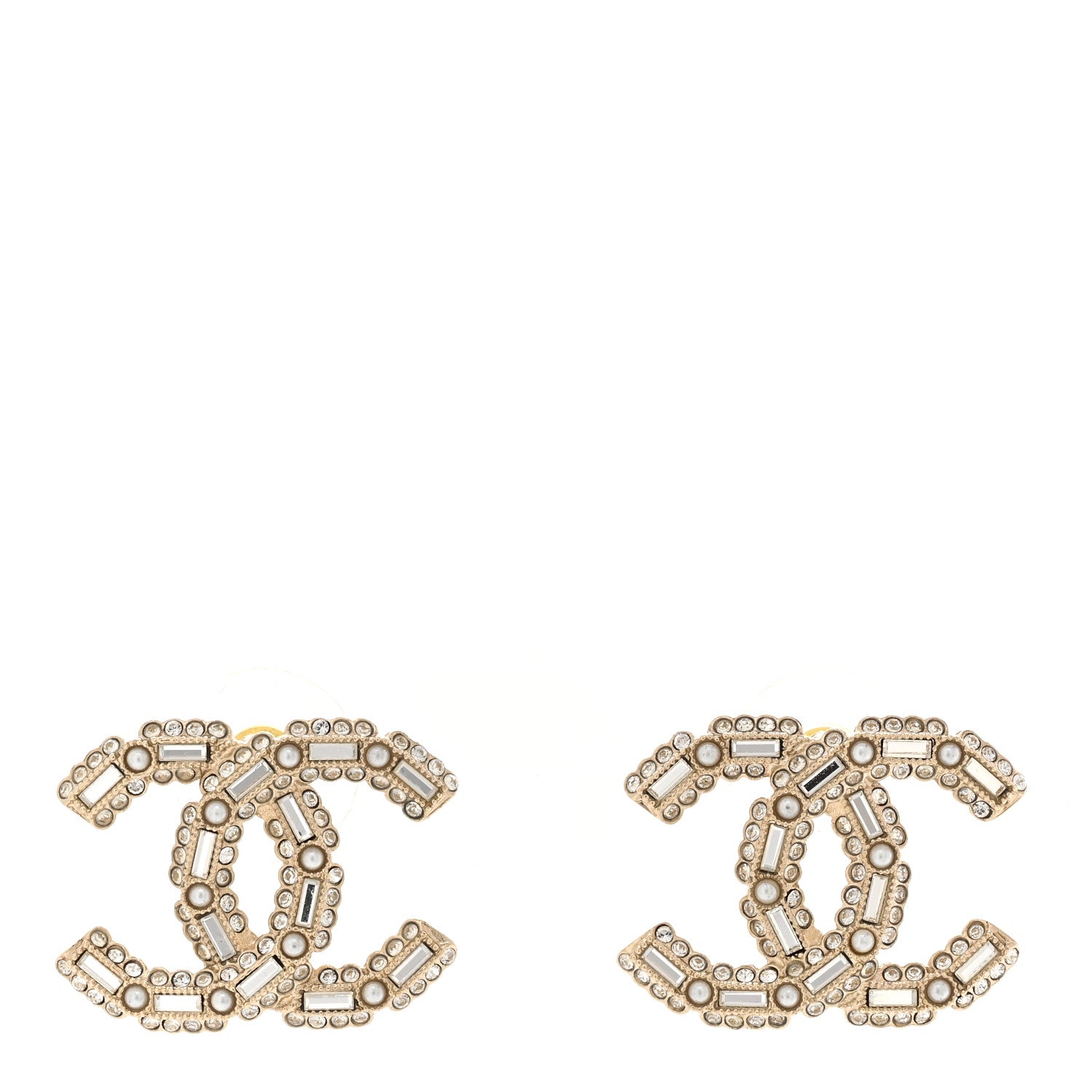 Chanel Crystal Baguette Pearl CC Earrings Gold Pearly White 1 of 5