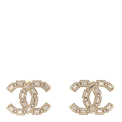 Chanel Crystal Baguette Pearl CC Earrings Gold Pearly White 1 of 5
