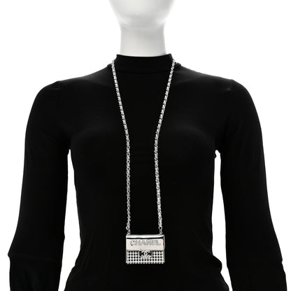 Chanel Metal Lambskin Strass Crystal Purse CC Long Necklace Silver 2 of 6
