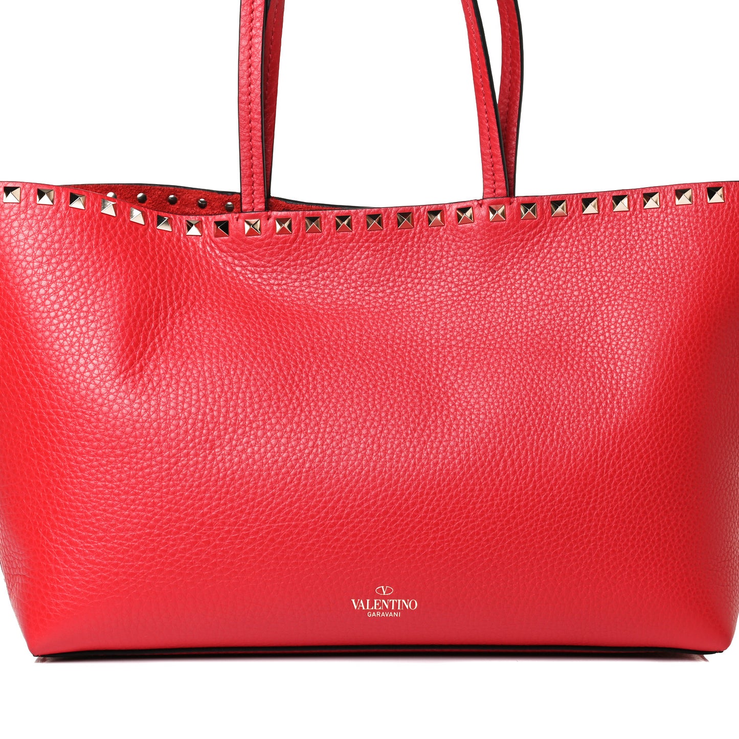 Grained Calfskin Small Rockstud Shoulder Tote Rouge Pur