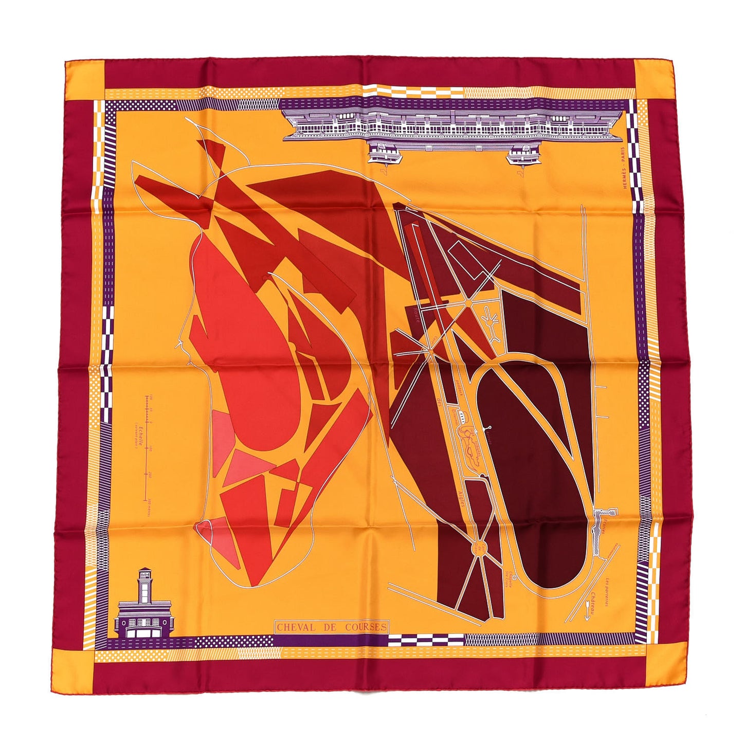Silk Cheval De Courses Scarf 90 Rose Vif Sapphire Chaudron