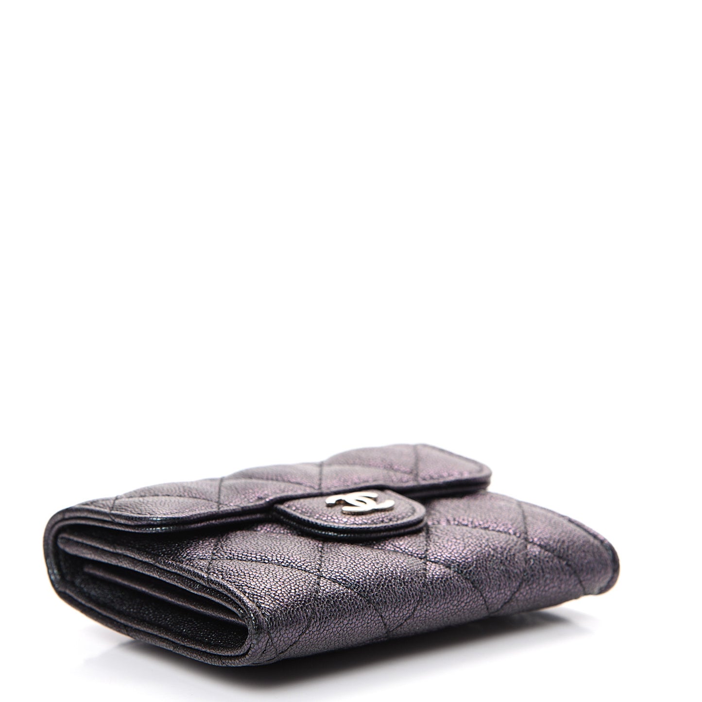 Iridescent Caviar Quilted Flap Card Holder Wallet Black