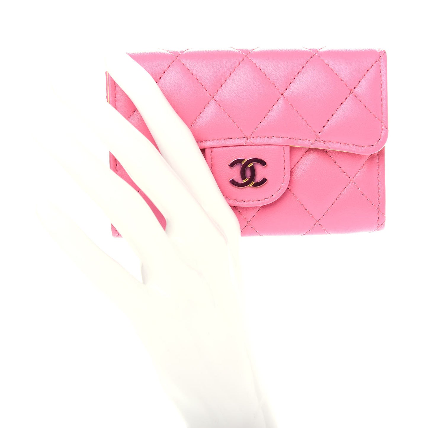Lambskin Quilted Flap Card Holder Wallet Pink Yellow