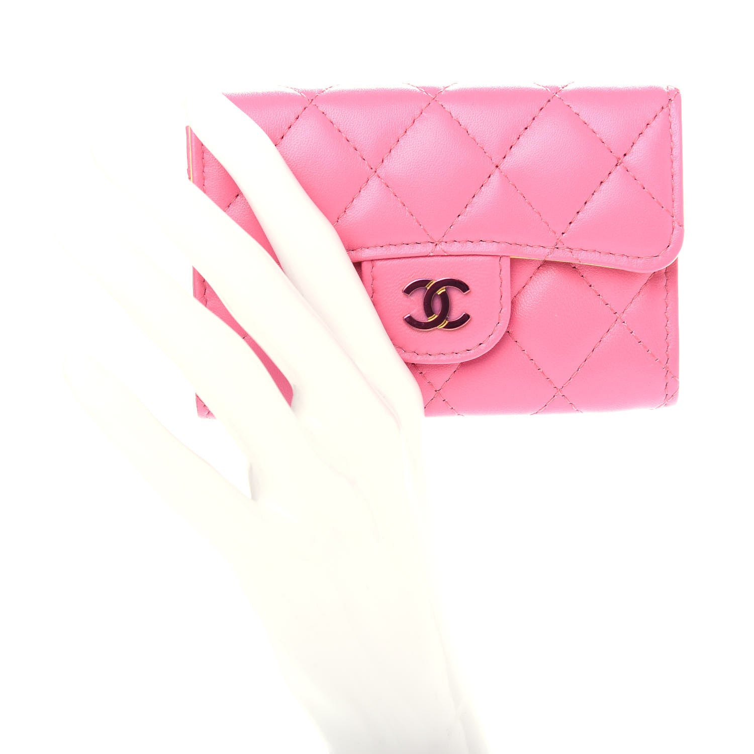 Chanel Lambskin Quilted Flap Card Holder Wallet Pink Yellow 2 of 9