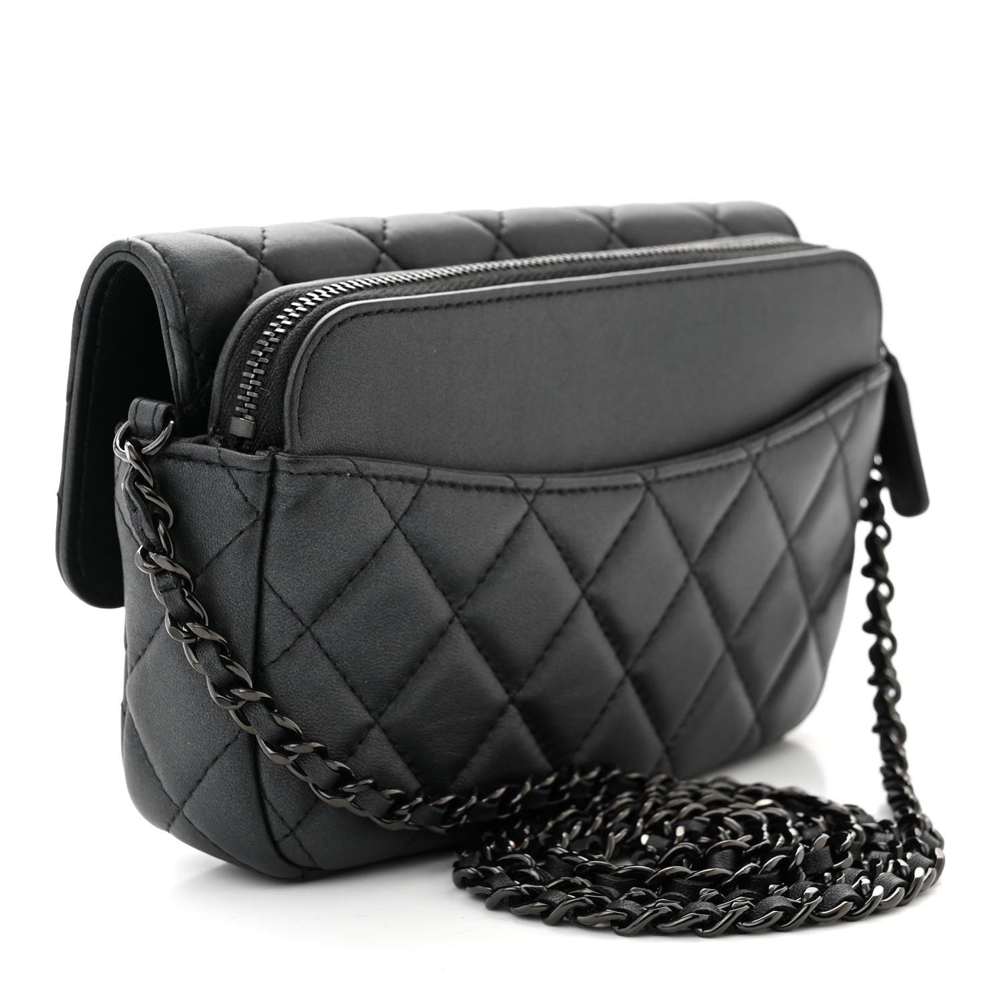 Lambskin Quilted Flap Phone Holder With Chain So Black