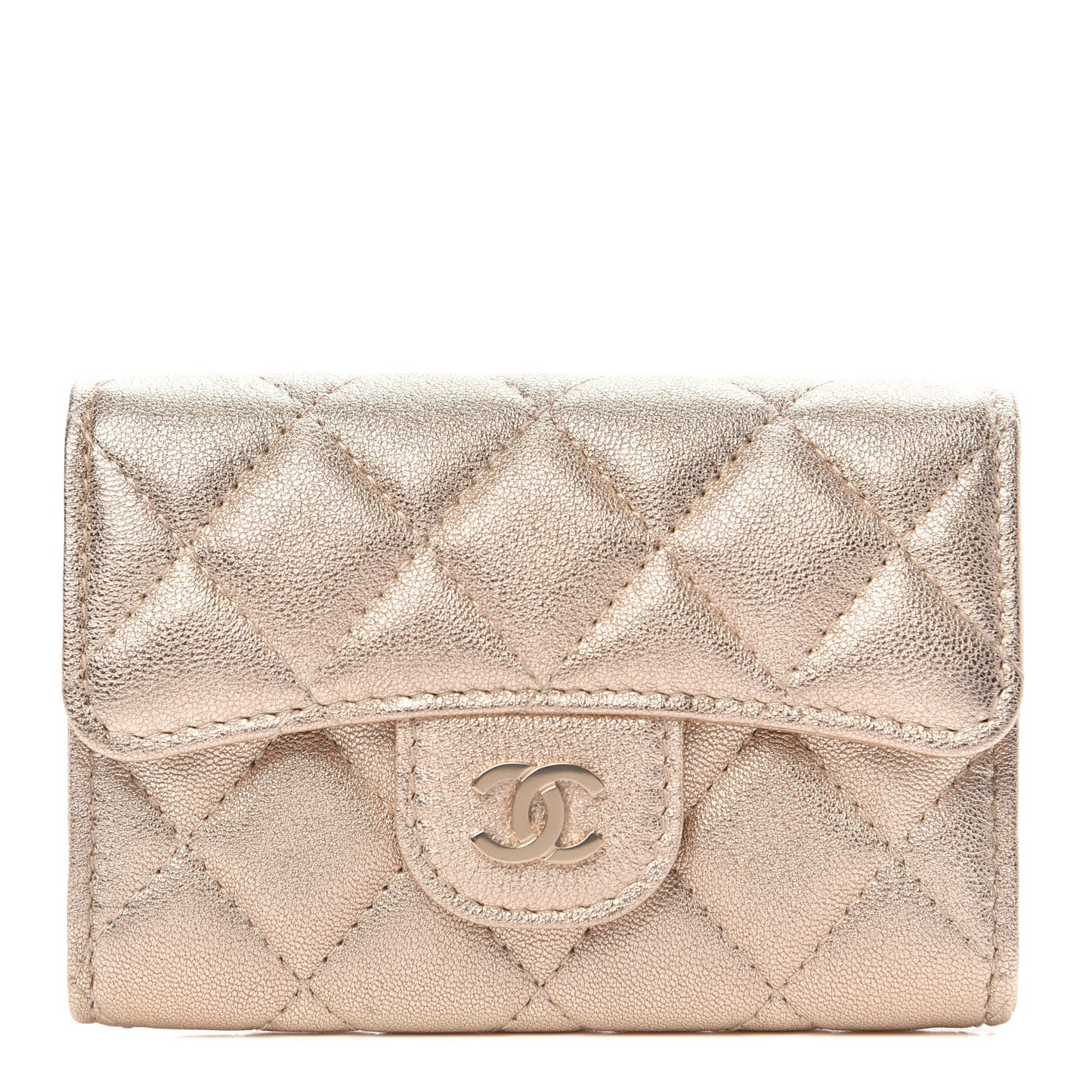 Metallic Lambskin Quilted Flap Card Holder Wallet Gold