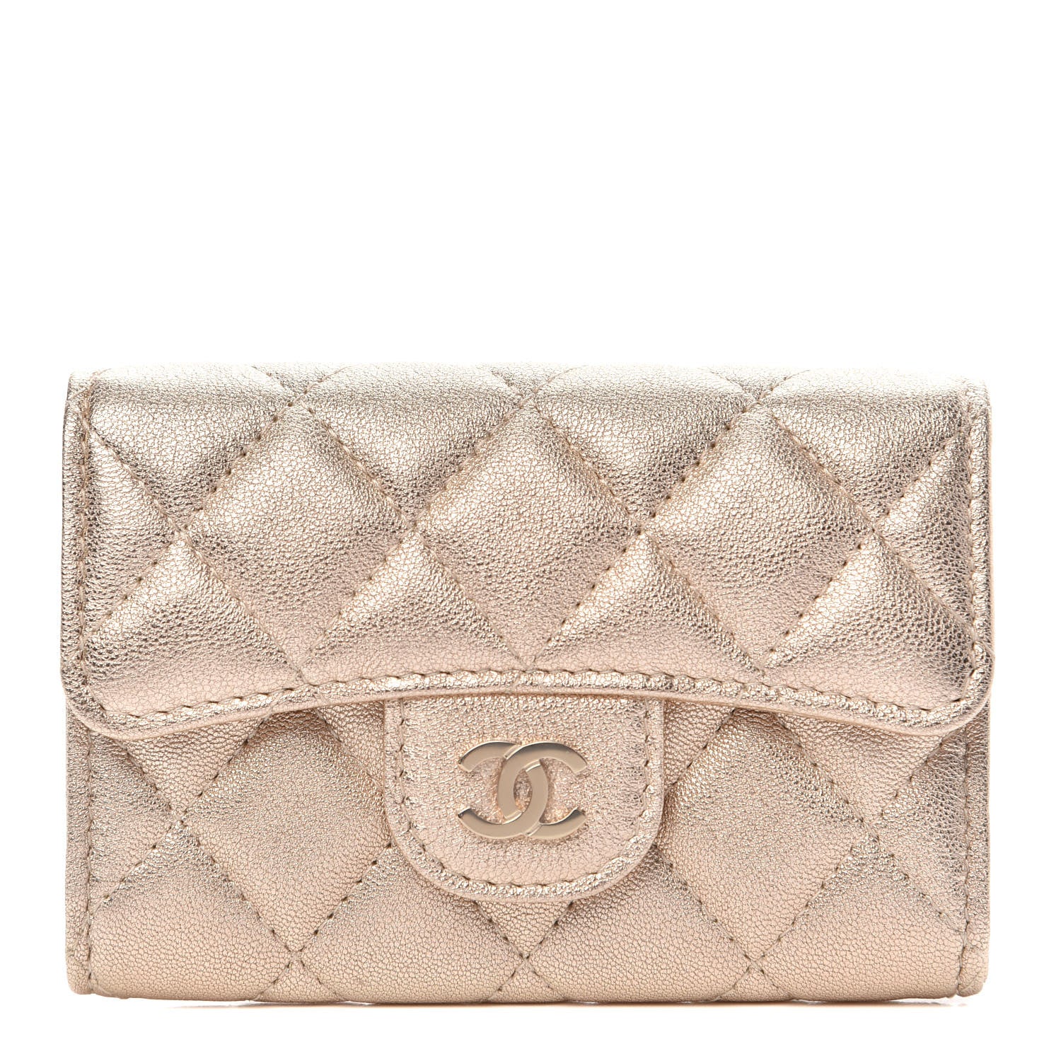 Chanel Metallic Lambskin Quilted Flap Card Holder Wallet Gold 1 of 11