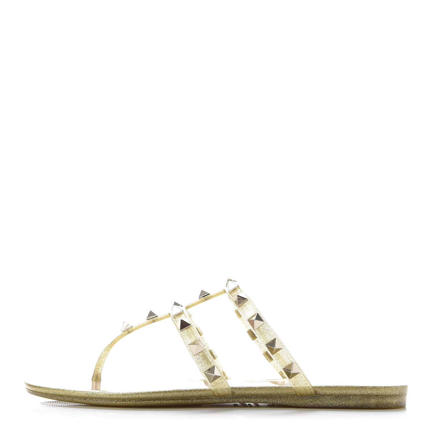 Valentino Garavani PVC Jelly Glitter Rockstud Caged Flat Thong Sandals 36 Oro 1 of 9
