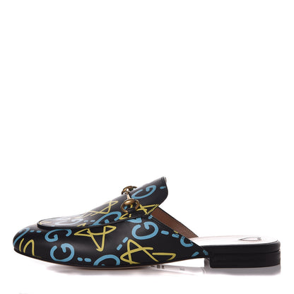 Gucci Calfskin GucciGhost Print Womens Princetown Slippers 39.5 Black New Acquamarine 1 of 8