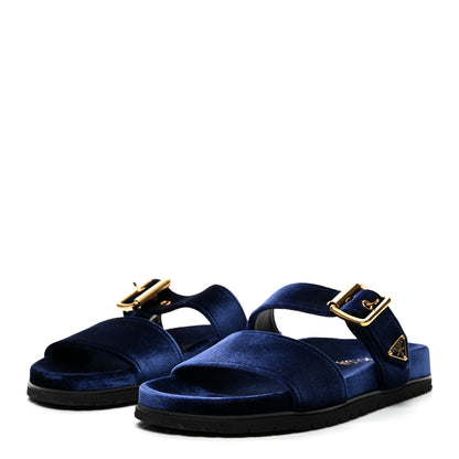 Prada Velvet Metal Triangle Logo Womens Double Buckle 20mm Slide Sandals 39 Bleu 3 of 10