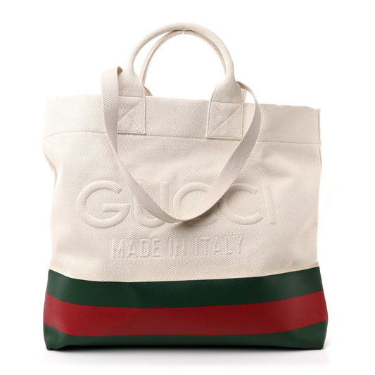 Canvas Logo Embossed Ophidia Tote Beige