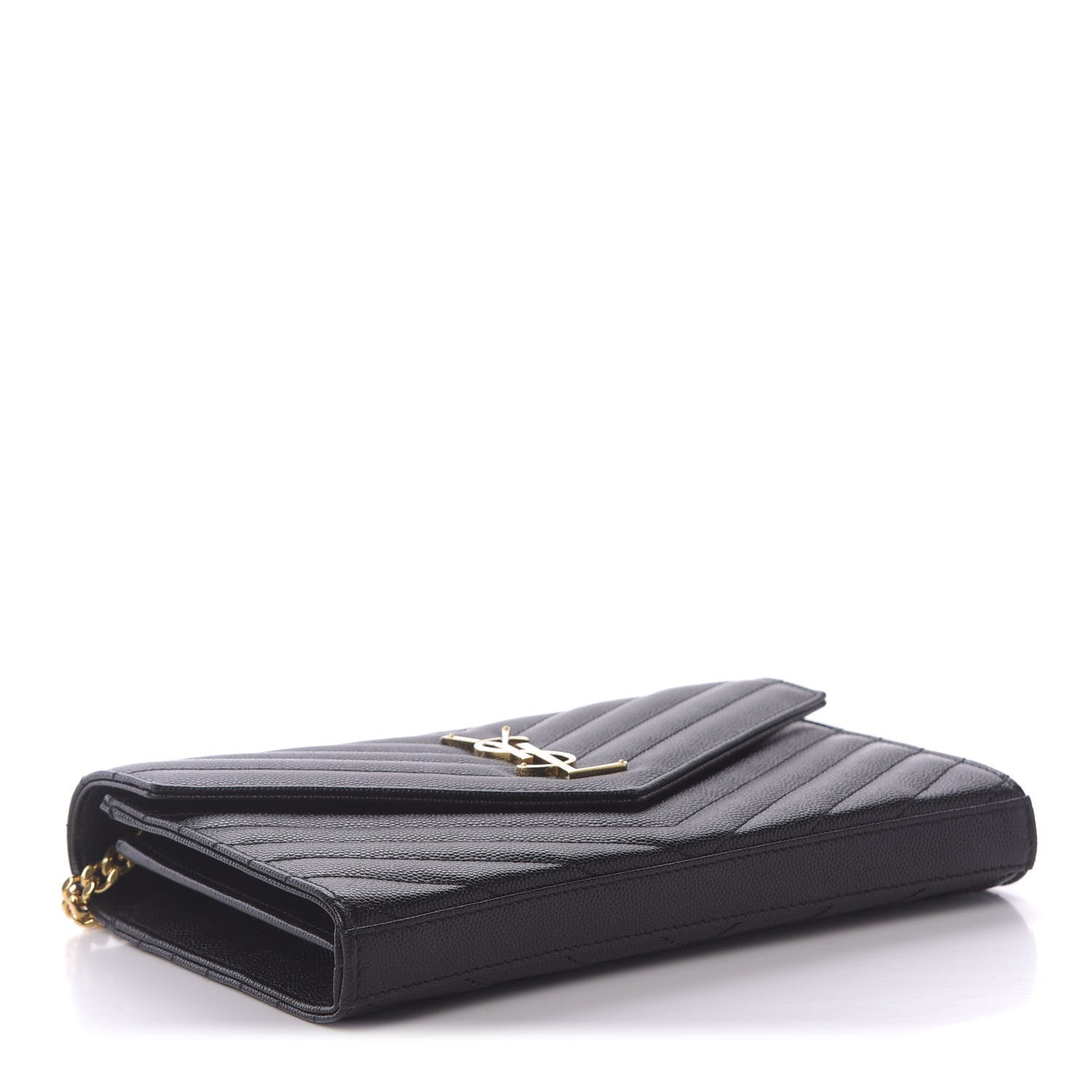 Saint Laurent Grain De Poudre Matelasse Chevron Monogram Chain Wallet Black 3 of 8