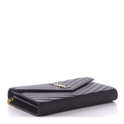 Saint Laurent Grain De Poudre Matelasse Chevron Monogram Chain Wallet Black 3 of 8