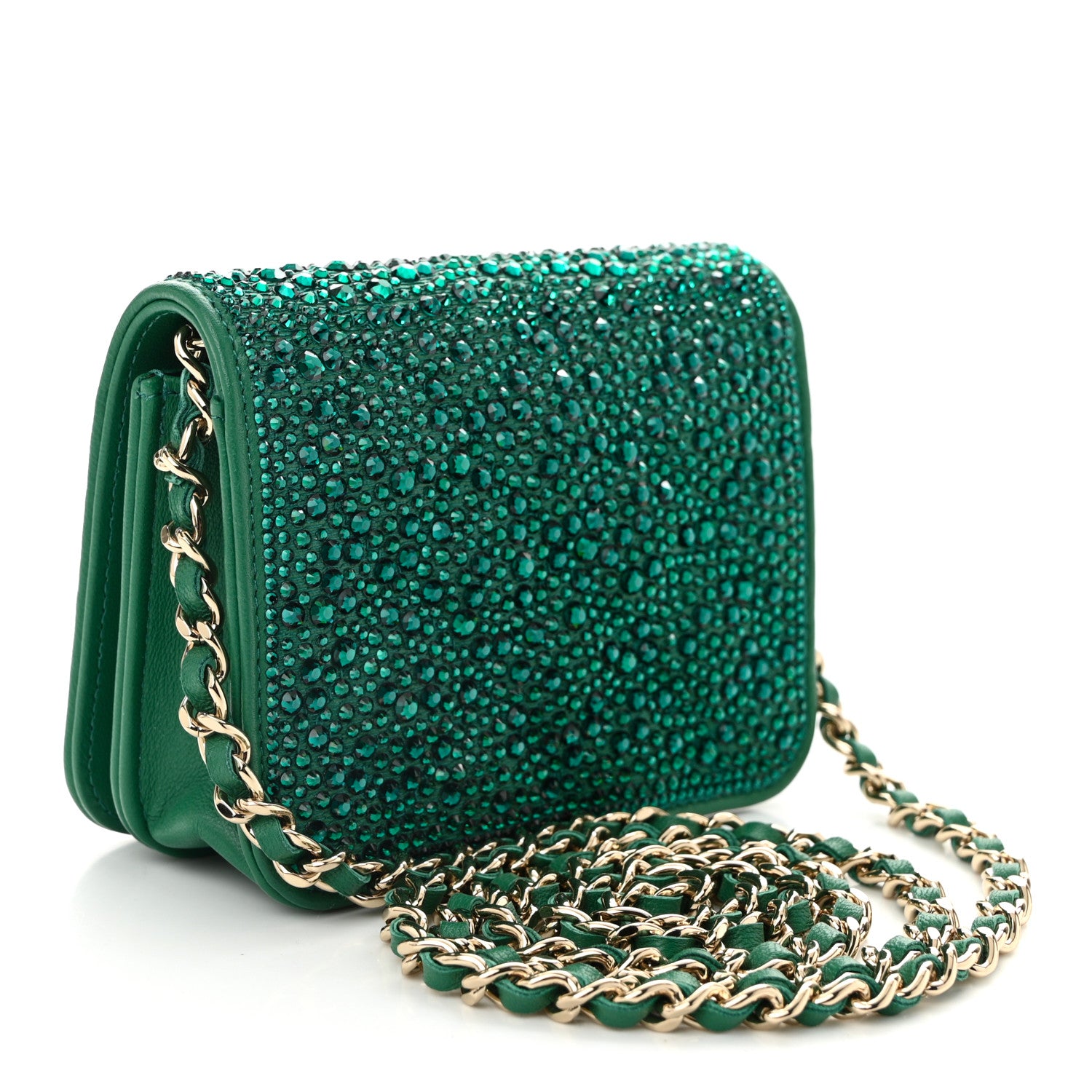 Chanel Lambskin Crystal Diamante Clutch With Chain Green 3 of 11