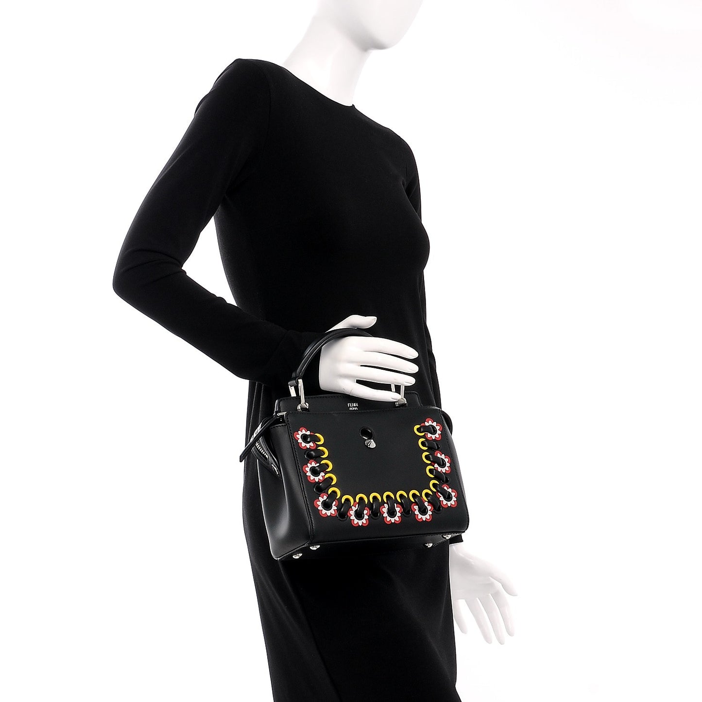 Vitello Baltico Shiny Nappa Lace Up Floral Small Dotcom Click Chain Satchel Black