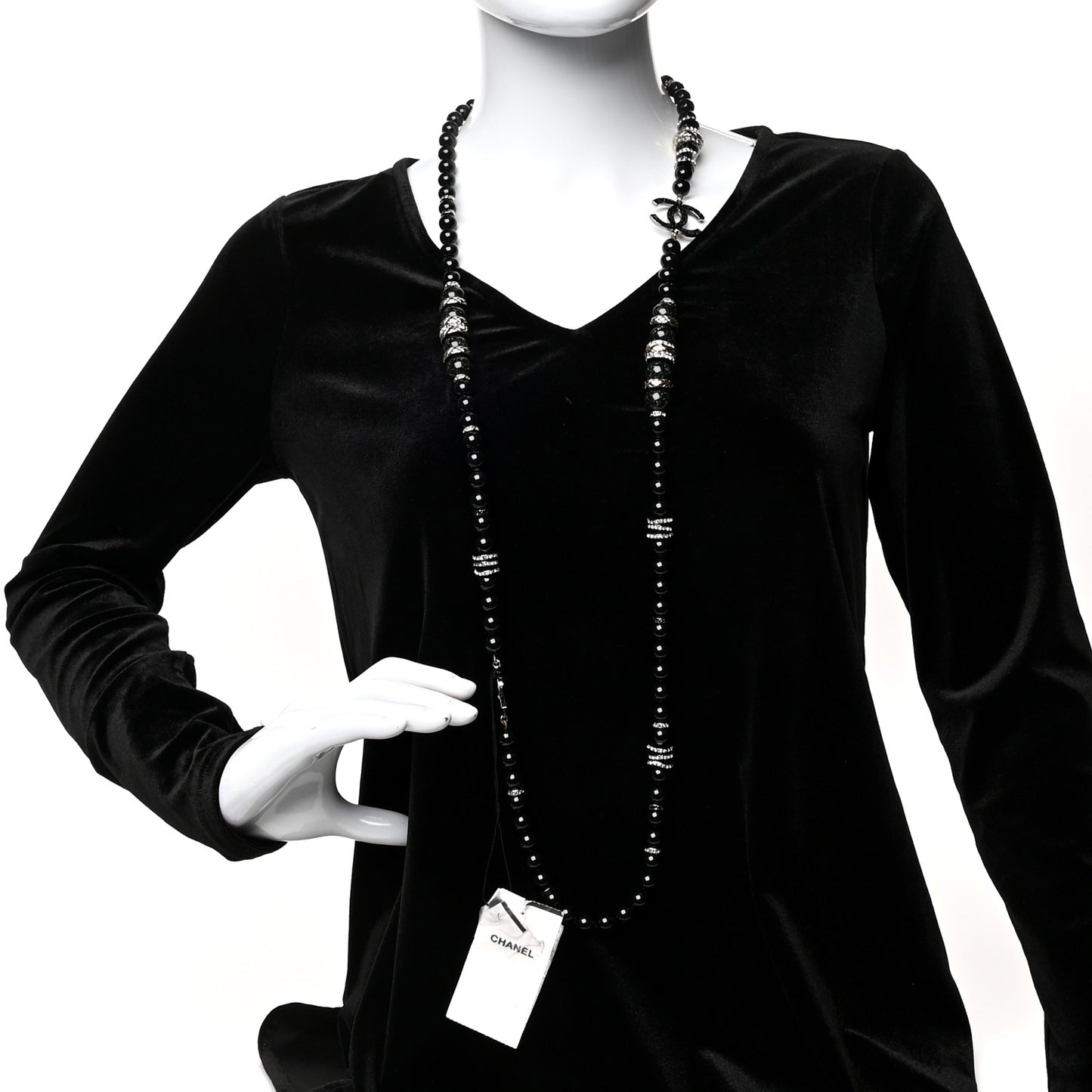 Crystal Beaded CC Long Necklace Black Silver
