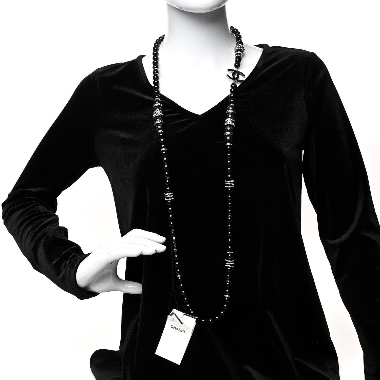 Chanel Crystal Beaded CC Long Necklace Black Silver 2 of 5