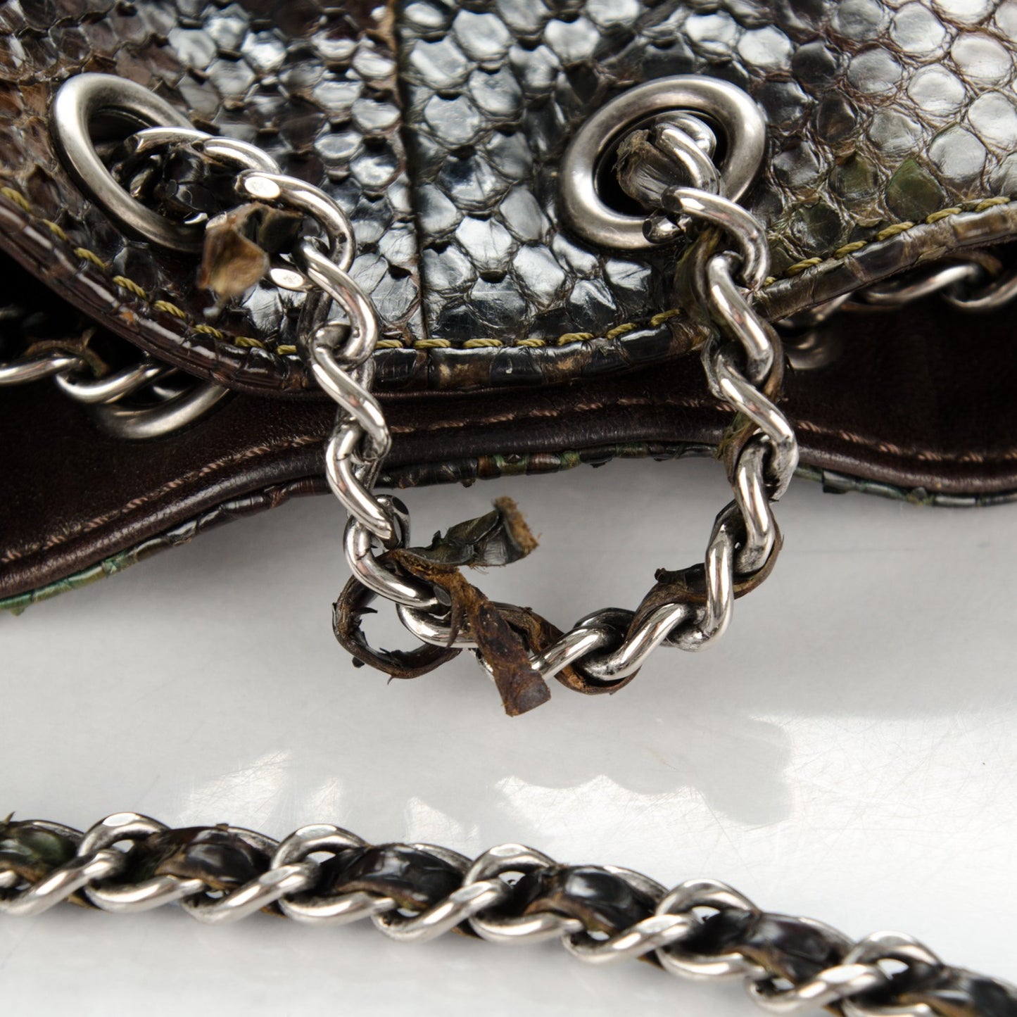 Python Tassel Drawstring Shoulder Bag Dark Blue Brown