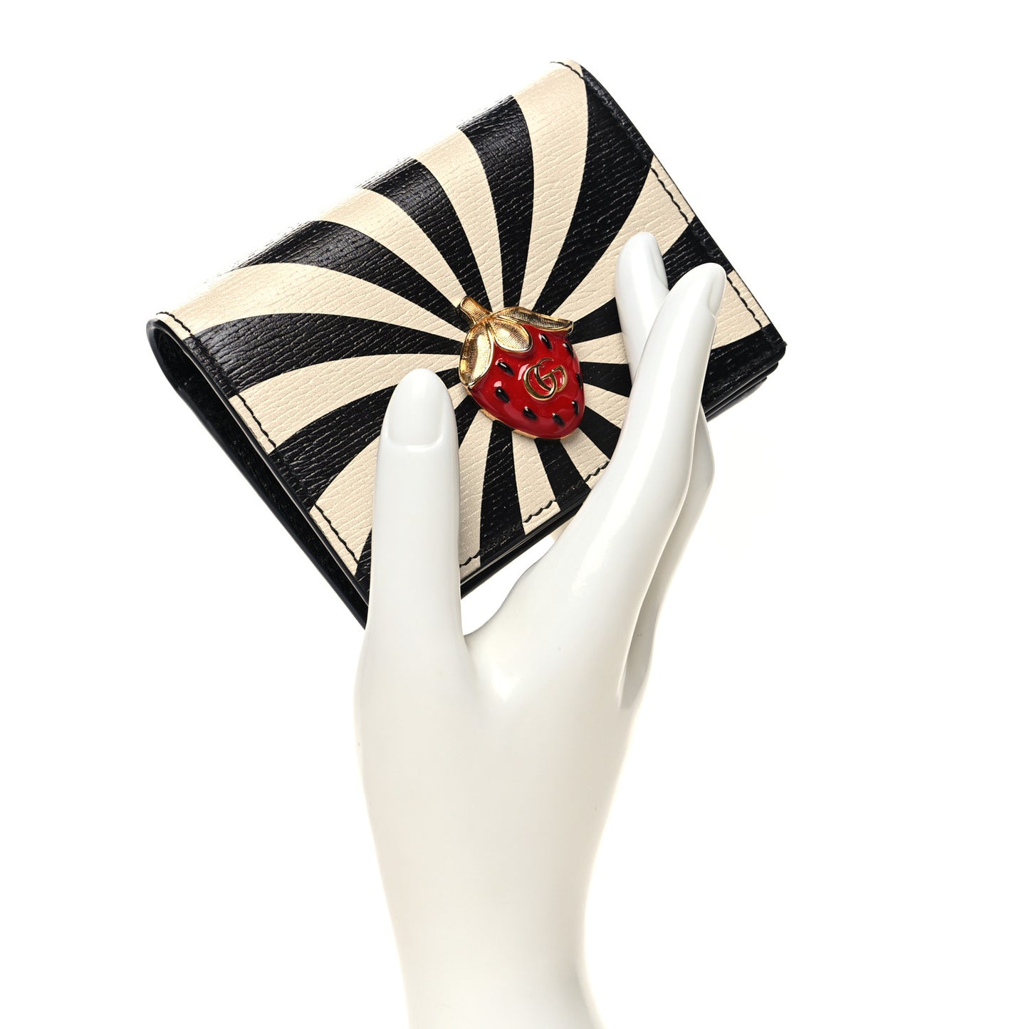 Textured Calfskin Double G Strawberry Card Case Black White