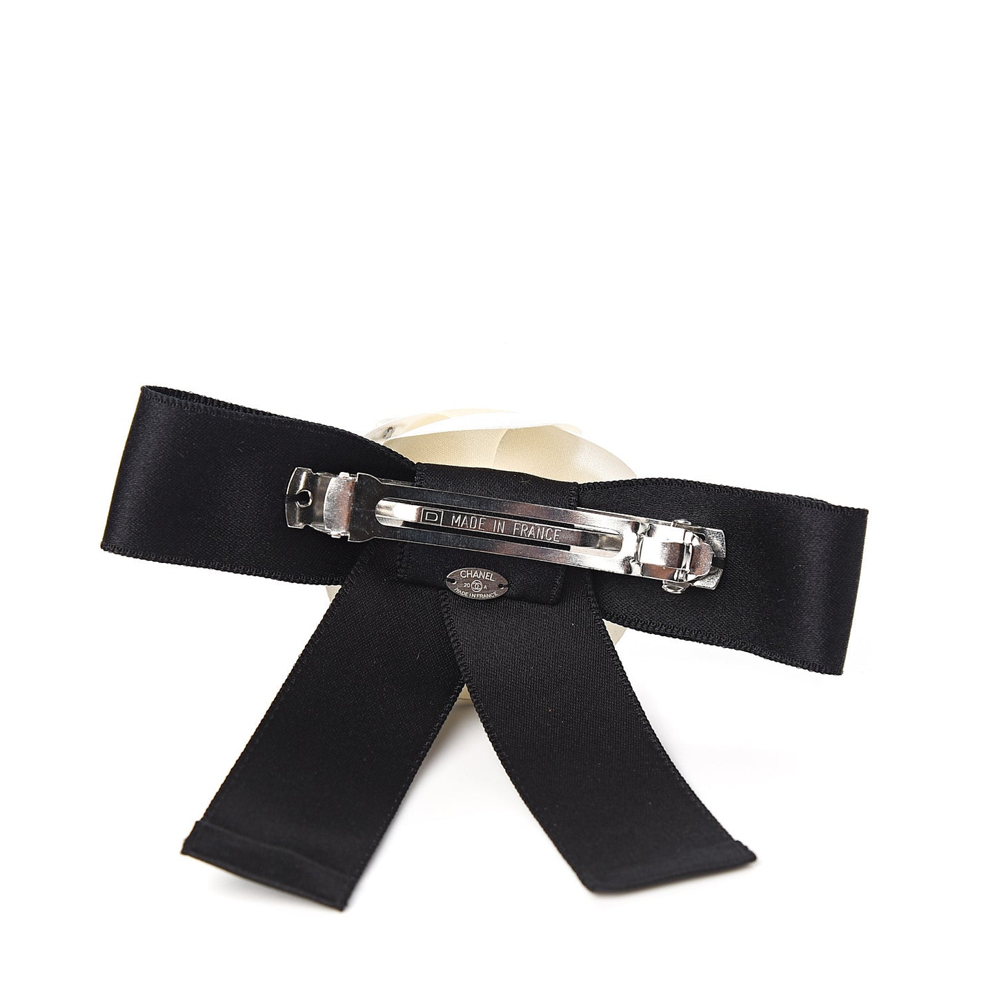 Satin Camellia CC Hair Clip Barrette White Black