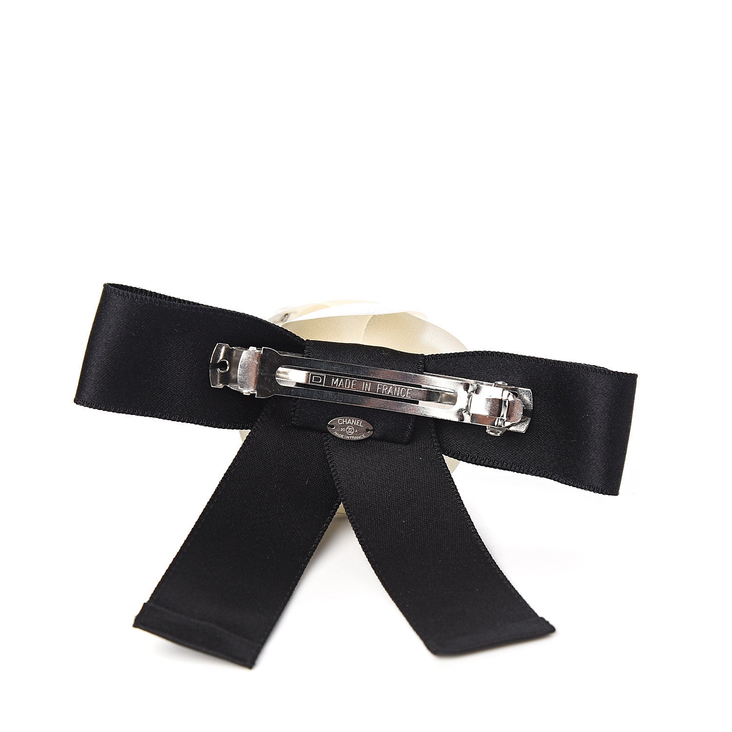 Chanel Satin Camellia CC Hair Clip Barrette White Black 3 of 4