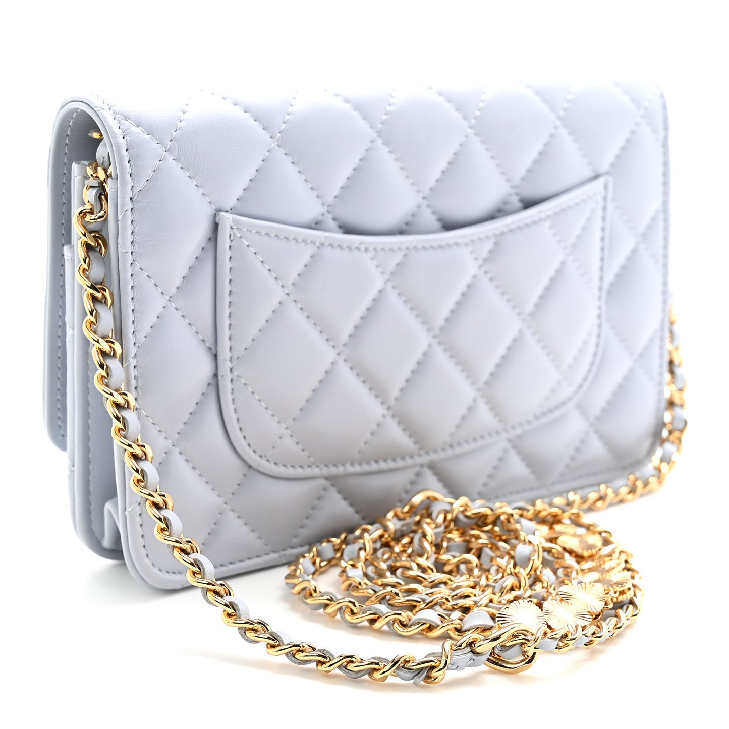 Lambskin Quilted Hearts CC Wallet On Chain WOC Light Blue