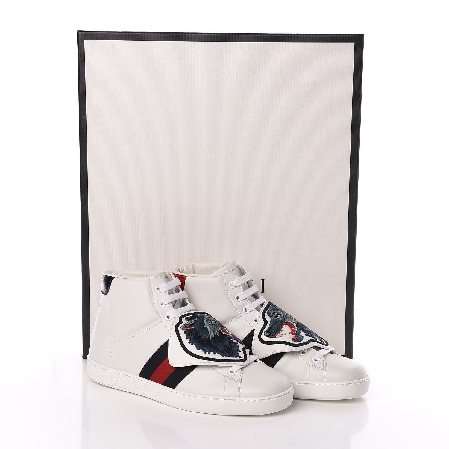 Gucci Calfskin Web Wolf Removable Patches Mens Ace High Top Sneakers 6 White 8 of 8